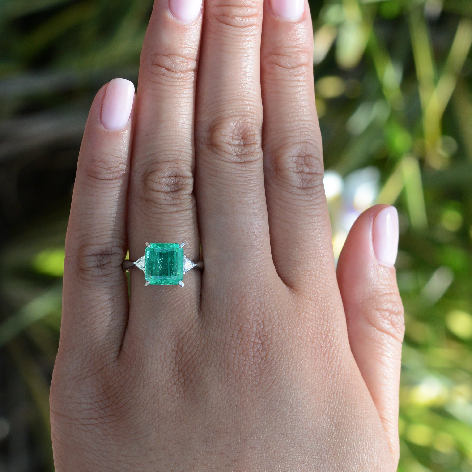Classic Colombian Emerald and Diamond 3 Stone Ring