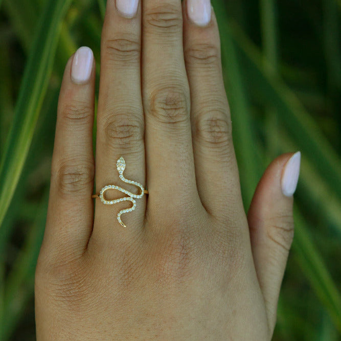Contemporary 14k Yellow Gold & Diamond Snake Ring