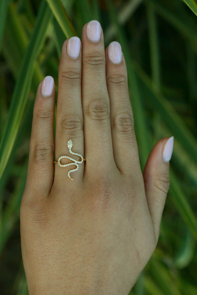 Contemporary 14k Yellow Gold & Diamond Snake Ring