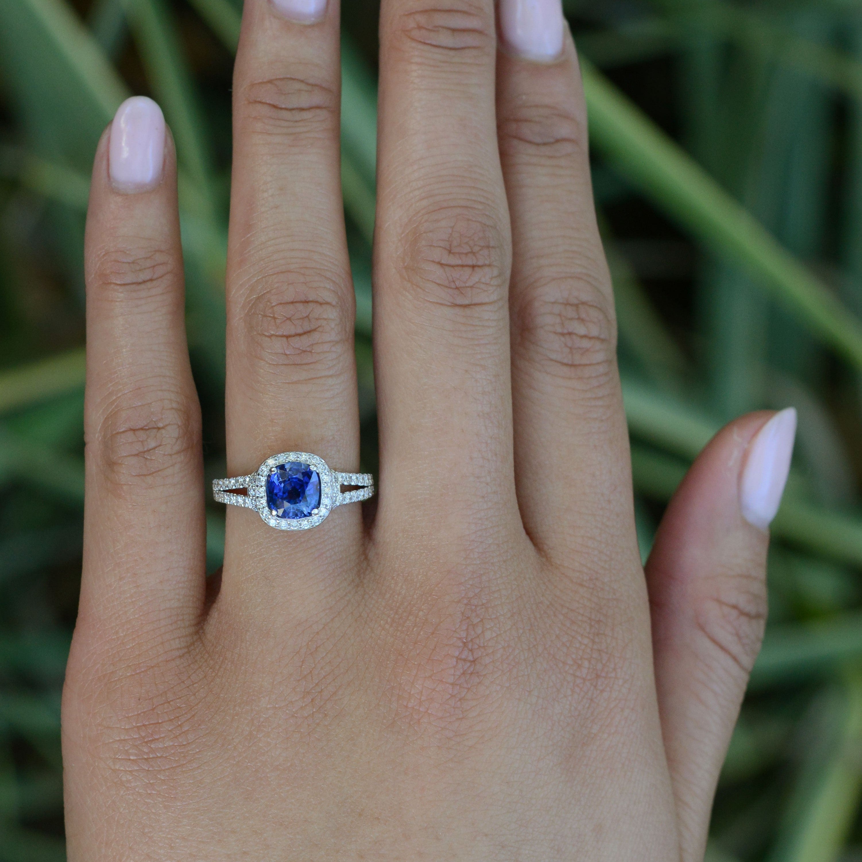 Contemporary Halo Diamond V Band Sapphire Engagement Ring