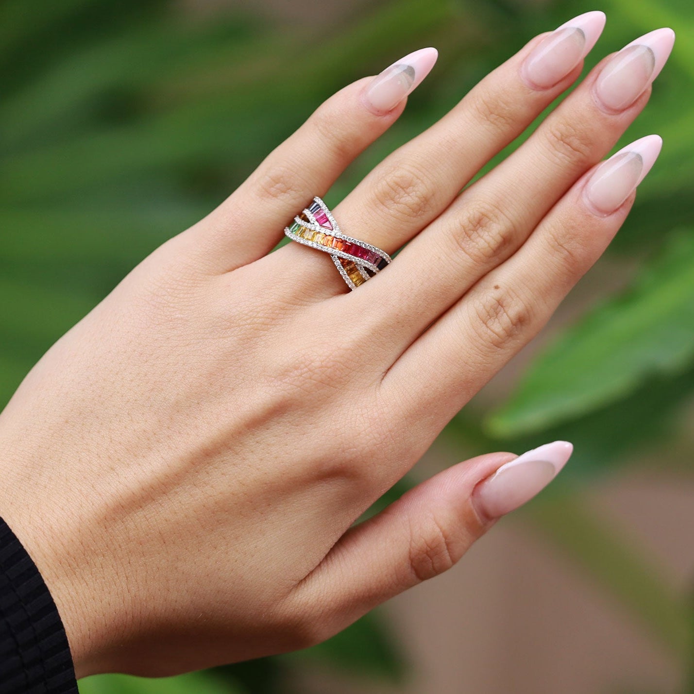 Contemporary Multicolor Rainbow Sapphire Crossover Wide Wedding Band