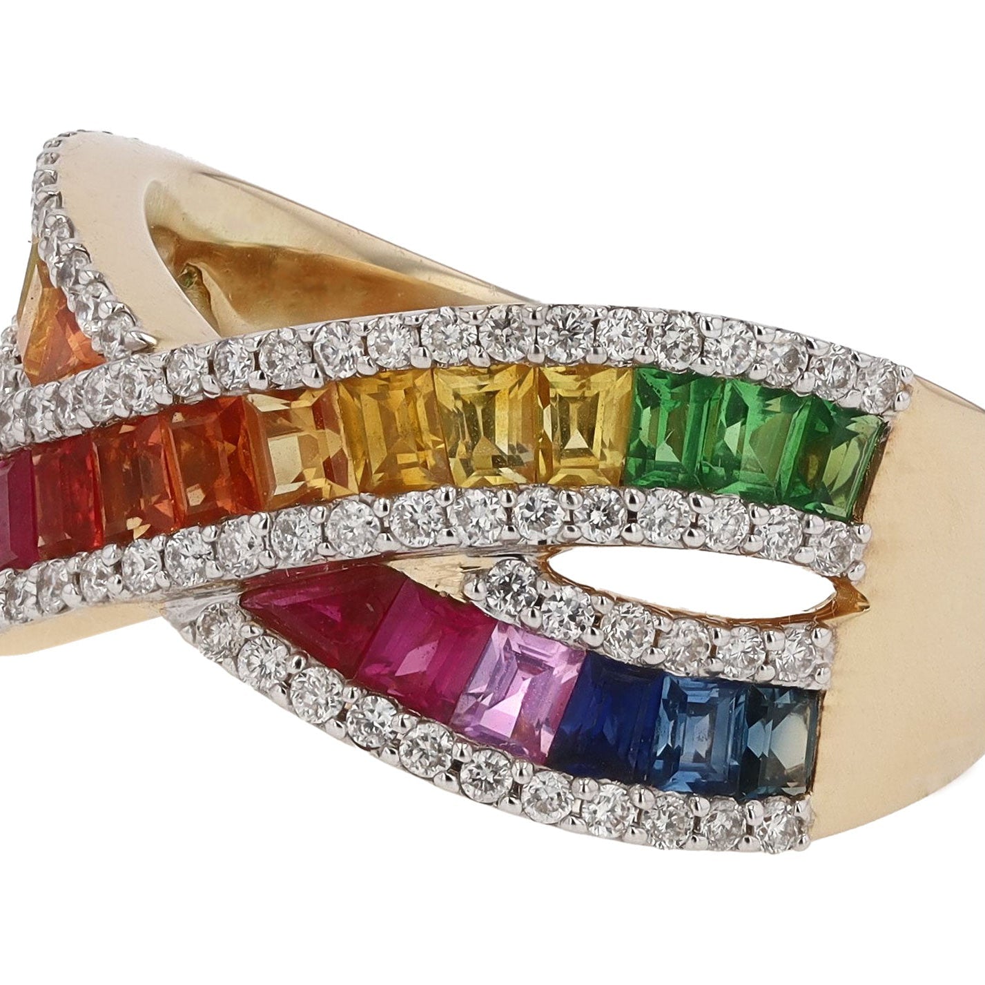 Contemporary Multicolor Rainbow Sapphire Crossover Wide Wedding Band