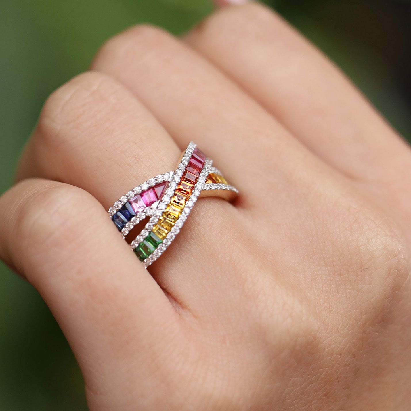 Contemporary Multicolor Rainbow Sapphire Crossover Wide Wedding Band