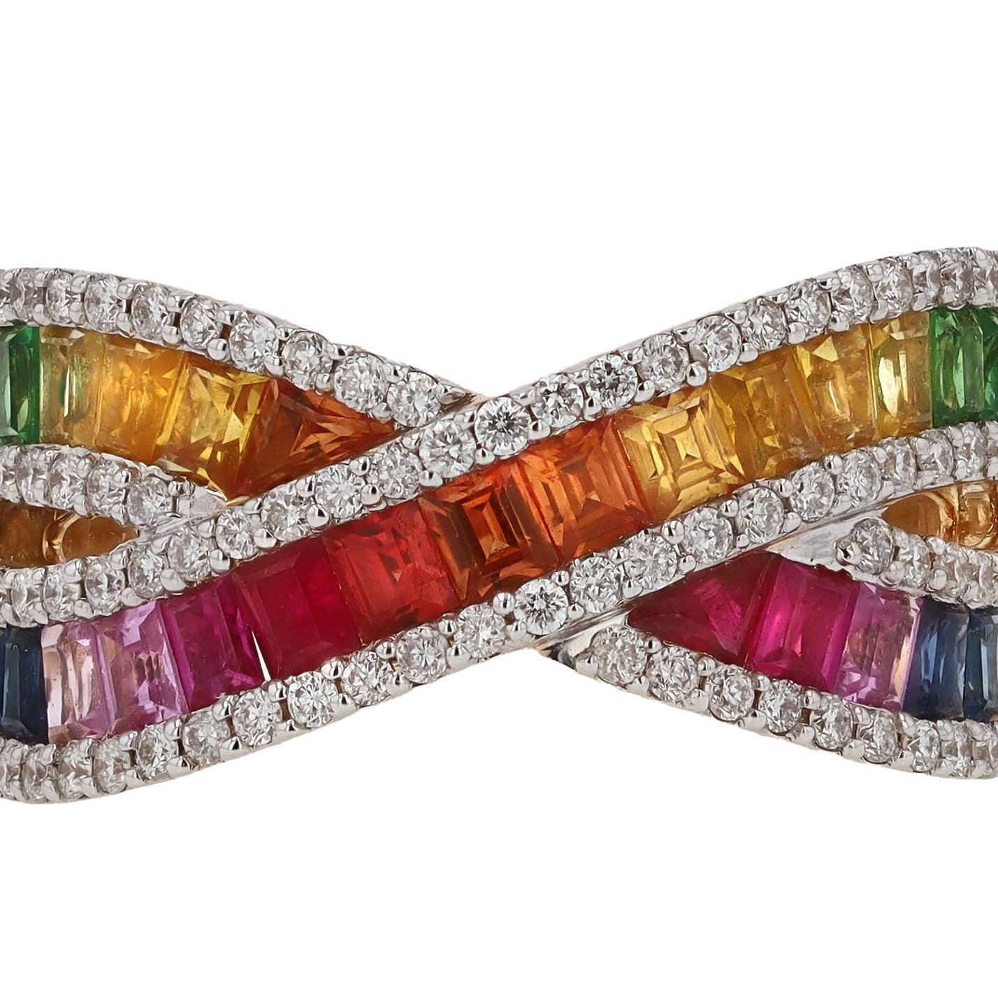 Contemporary Multicolor Rainbow Sapphire Crossover Wide Wedding Band