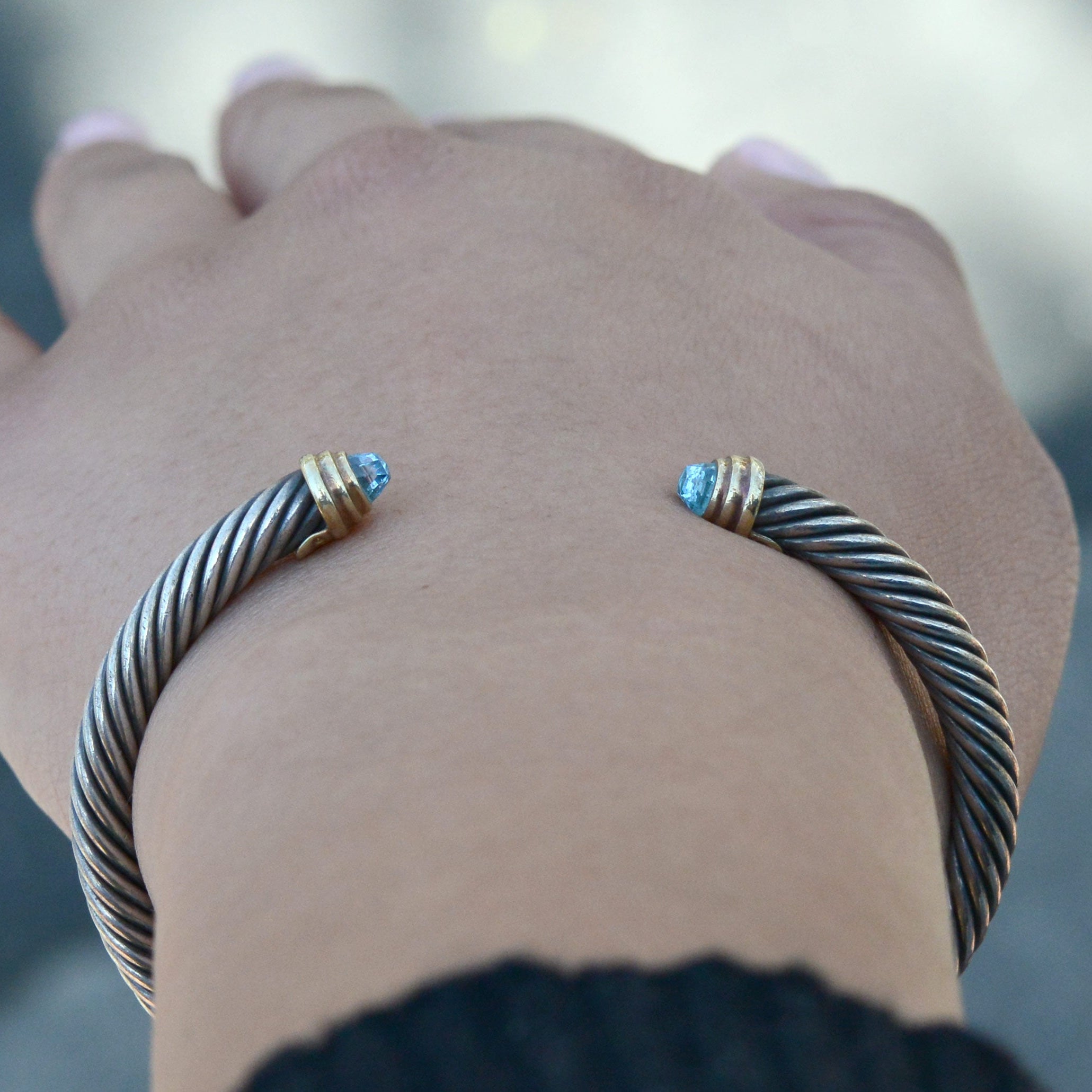 David Yurman Blue Topaz 14K Silver Cable Cuff Bracelet