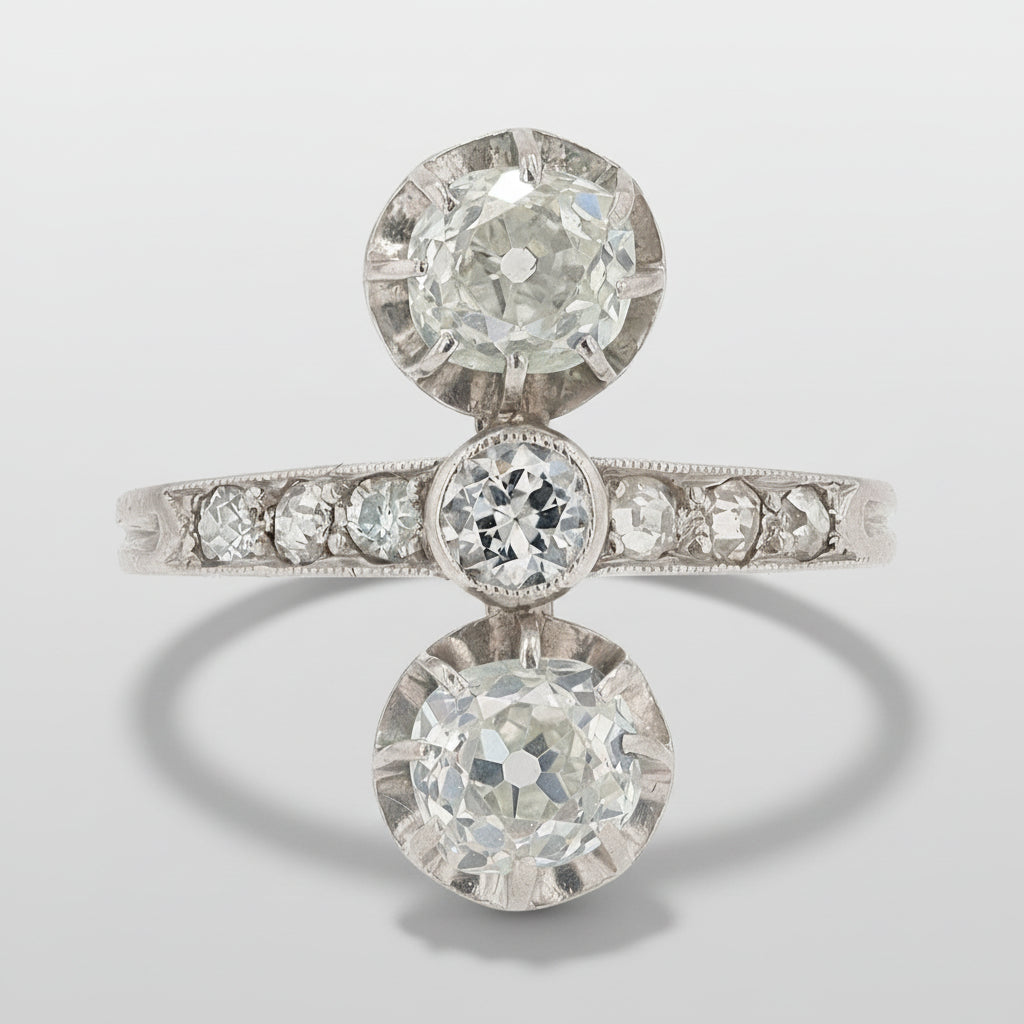 Elongated Edwardian Twin Diamond Three Stone Trilogy Engagement Ring