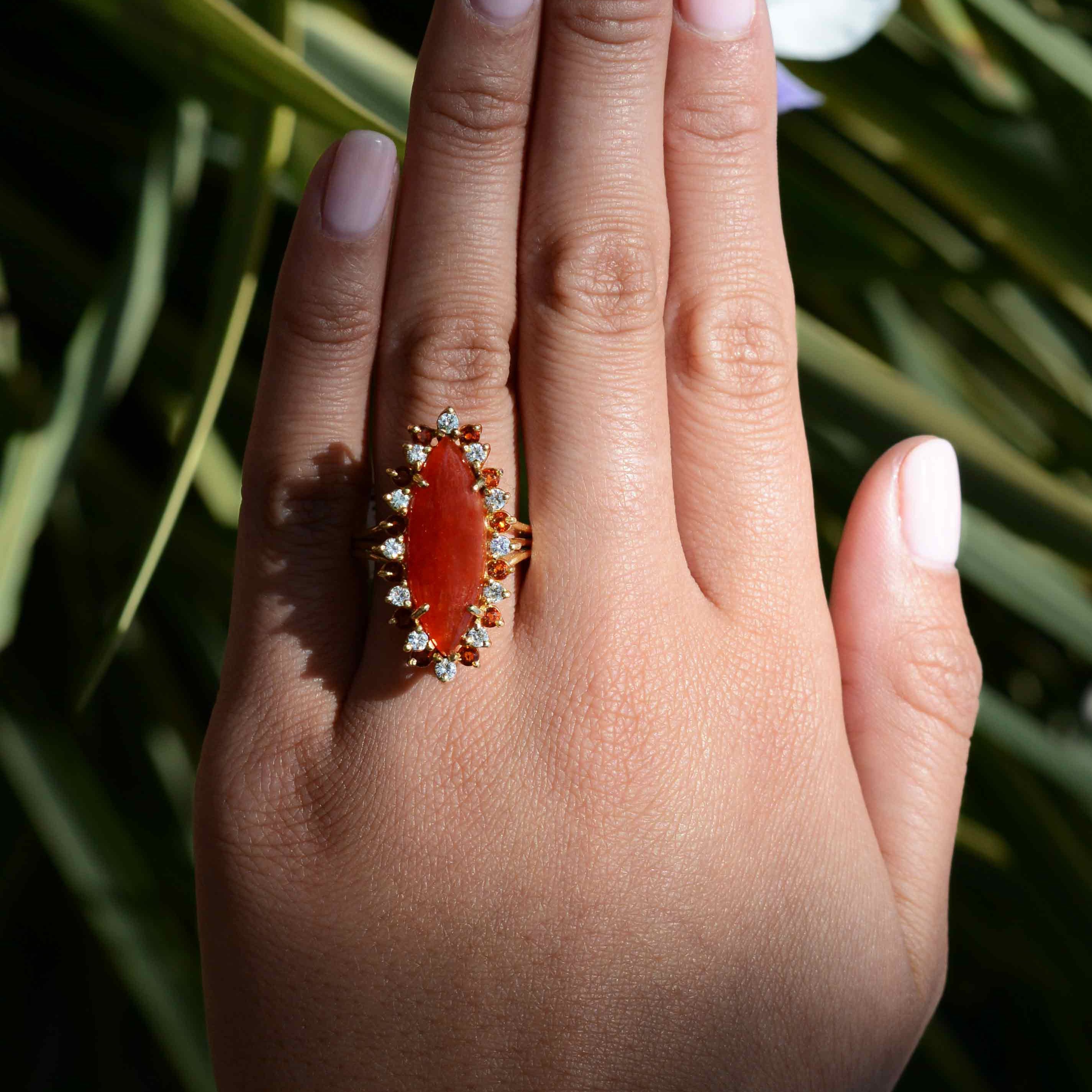 Elongated Mid Century Carnelian Diamond Citrine Cocktail Ring