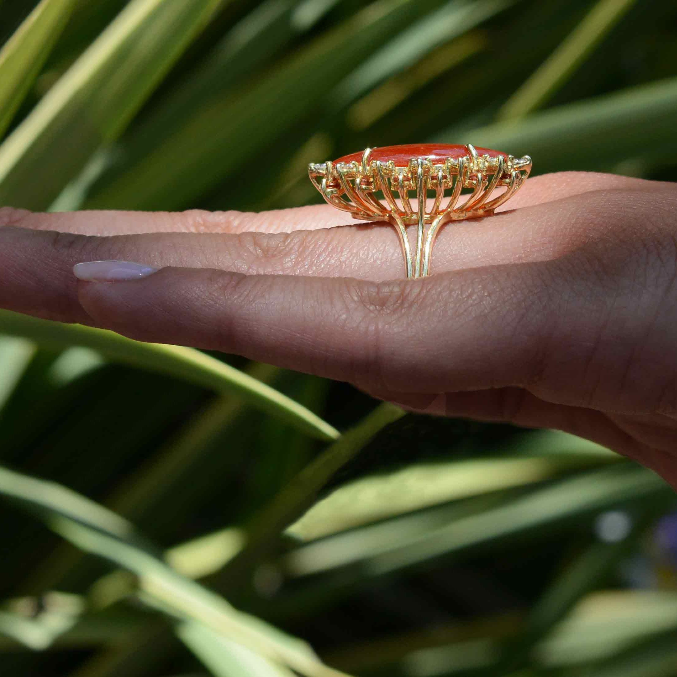 Elongated Mid Century Carnelian Diamond Citrine Cocktail Ring
