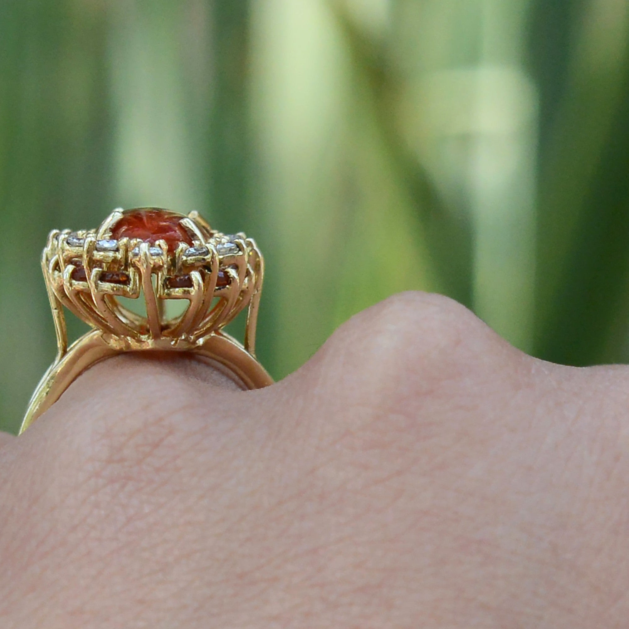 Elongated Mid Century Carnelian Diamond Citrine Cocktail Ring