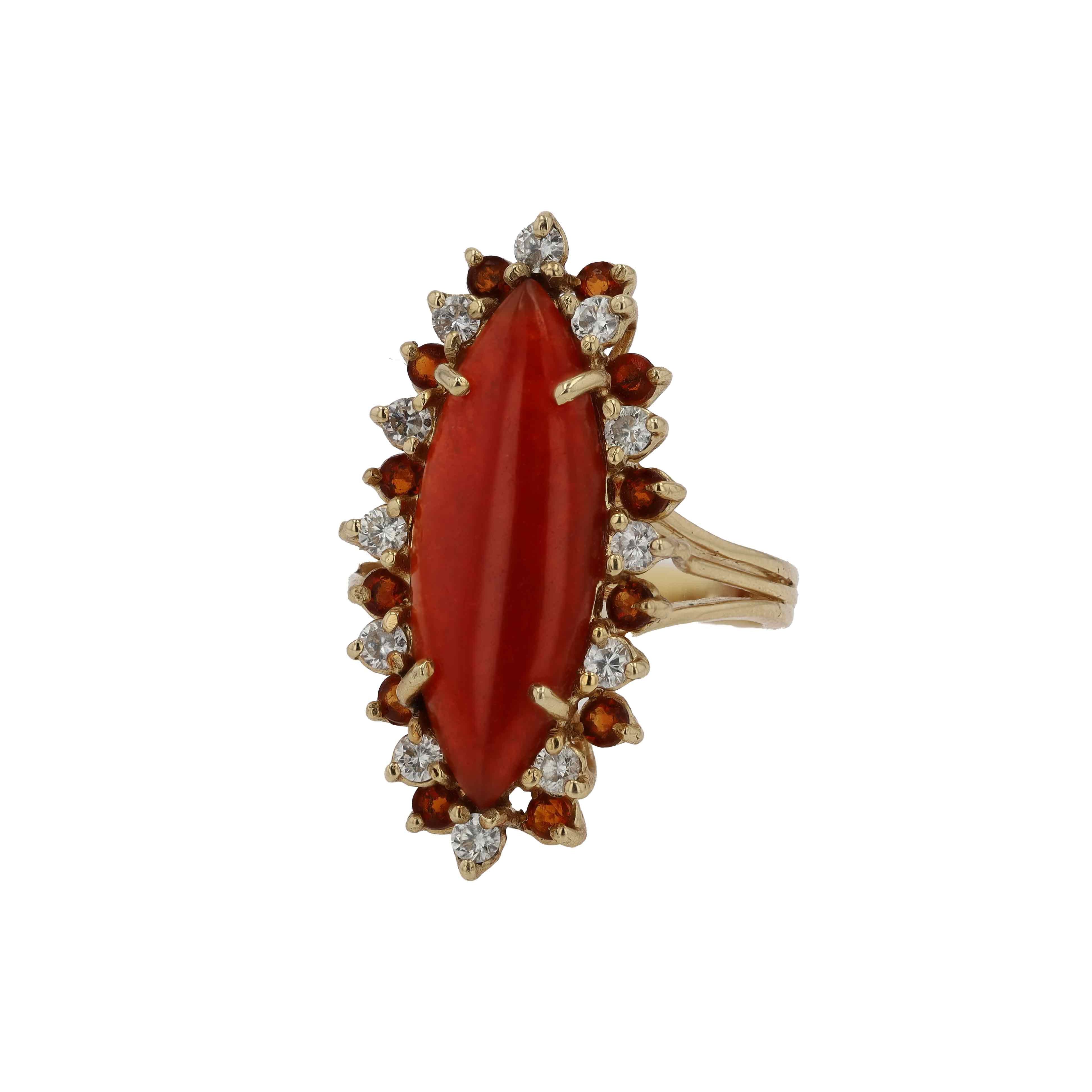Elongated Mid Century Carnelian Diamond Citrine Cocktail Ring