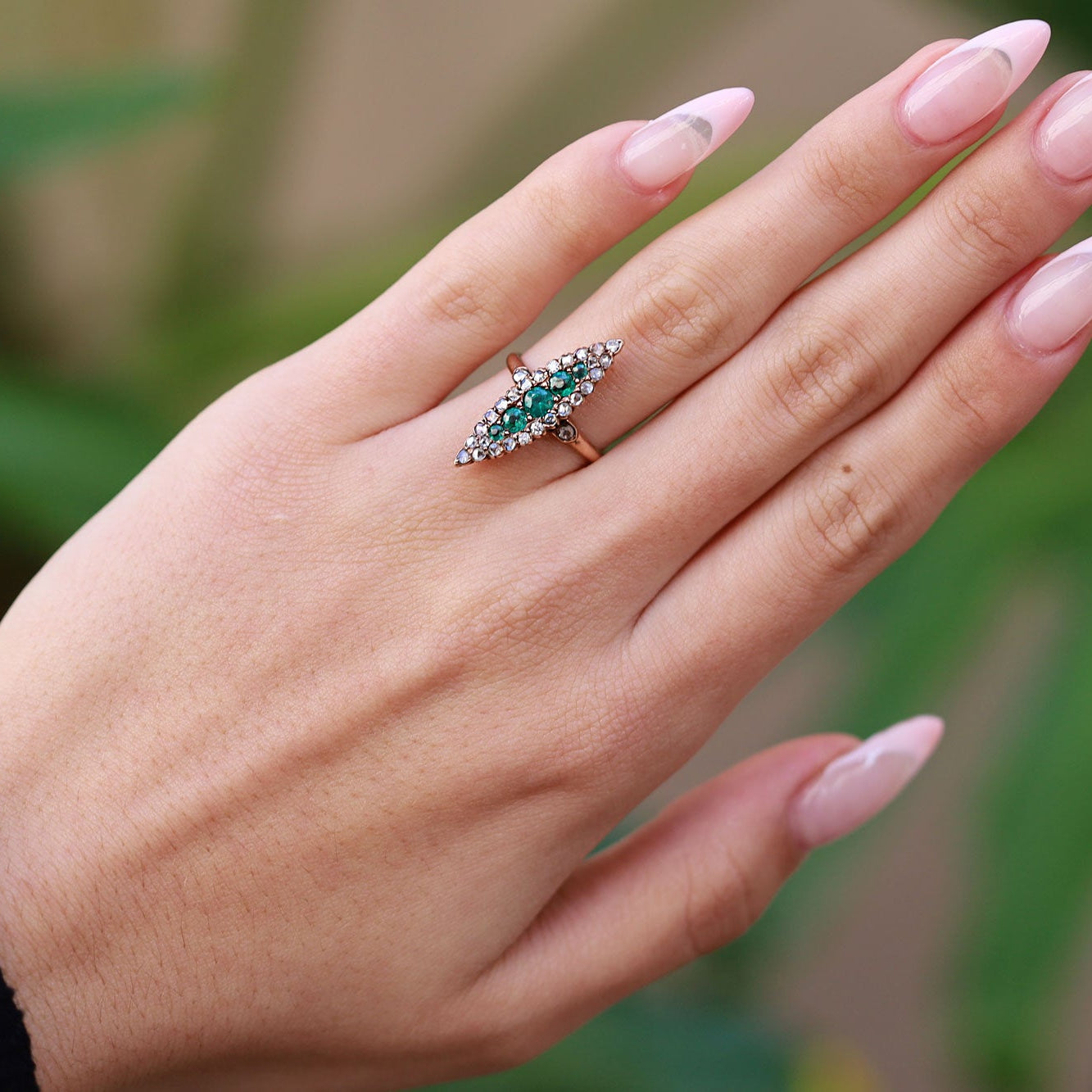 Elongated Vintage Victorian Synthetic Emerald and Diamond Navette Ring