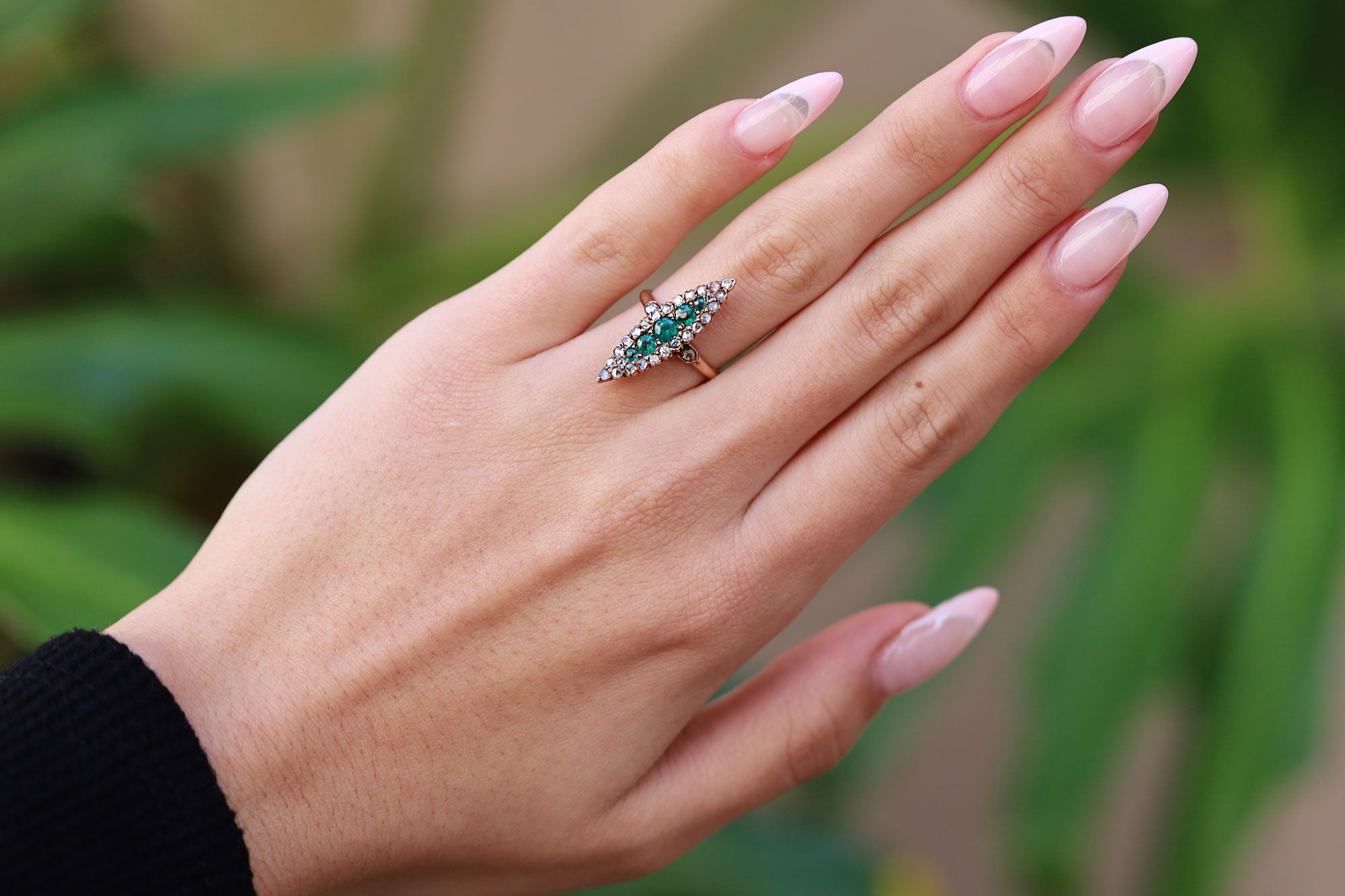 Elongated Vintage Victorian Synthetic Emerald and Diamond Navette Ring
