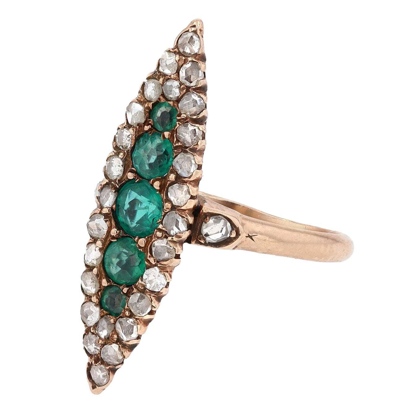 Elongated Vintage Victorian Synthetic Emerald and Diamond Navette Ring