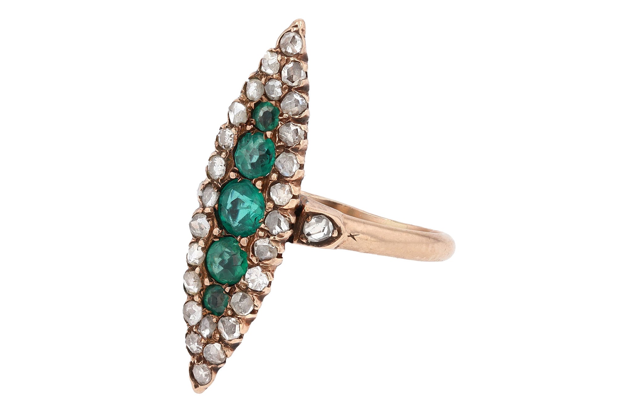 Elongated Vintage Victorian Synthetic Emerald and Diamond Navette Ring