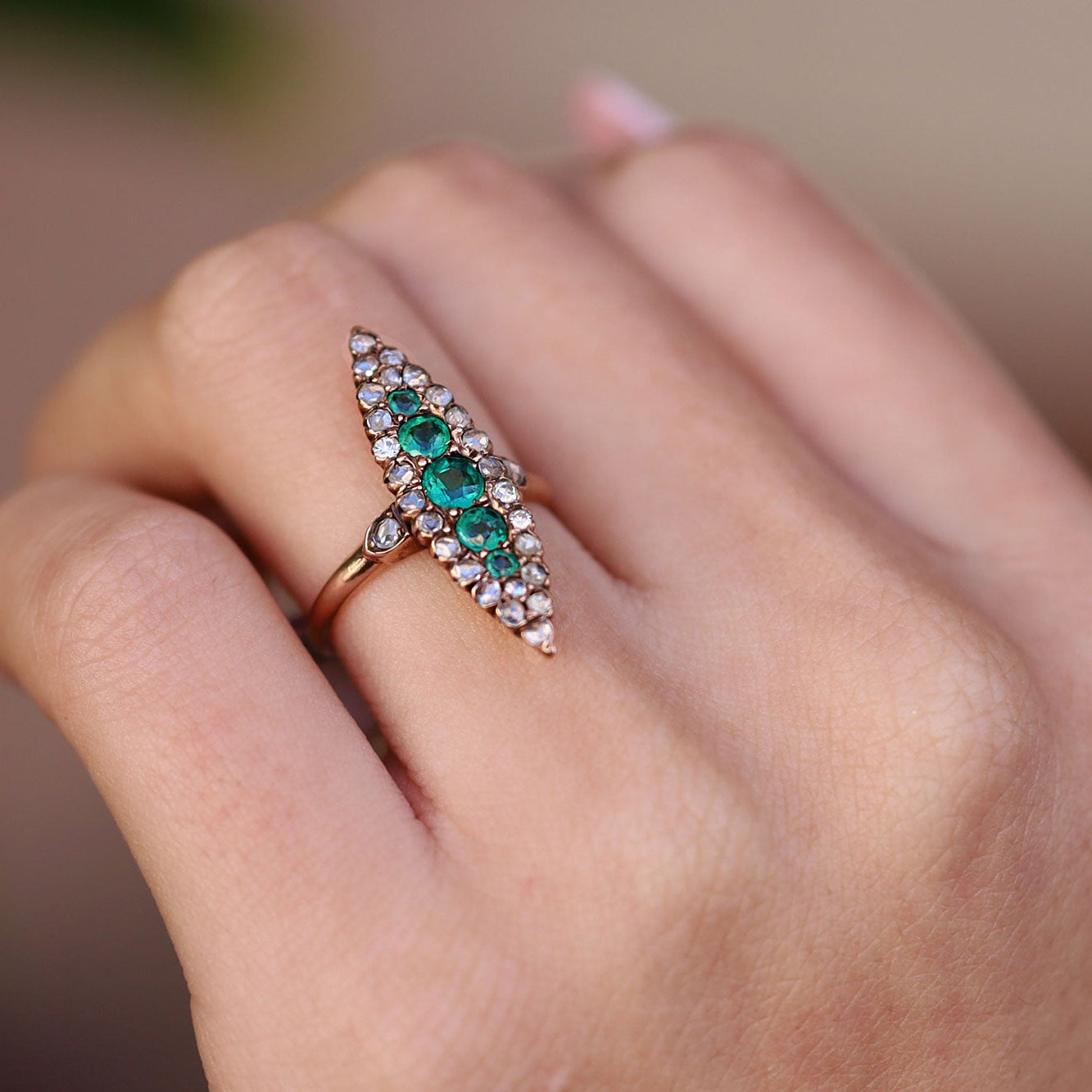 Elongated Vintage Victorian Synthetic Emerald and Diamond Navette Ring