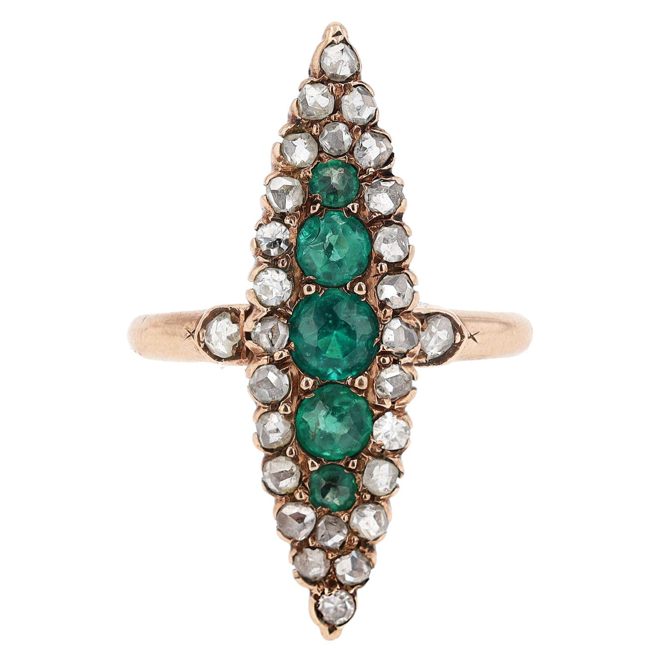 Elongated Vintage Victorian Synthetic Emerald and Diamond Navette Ring