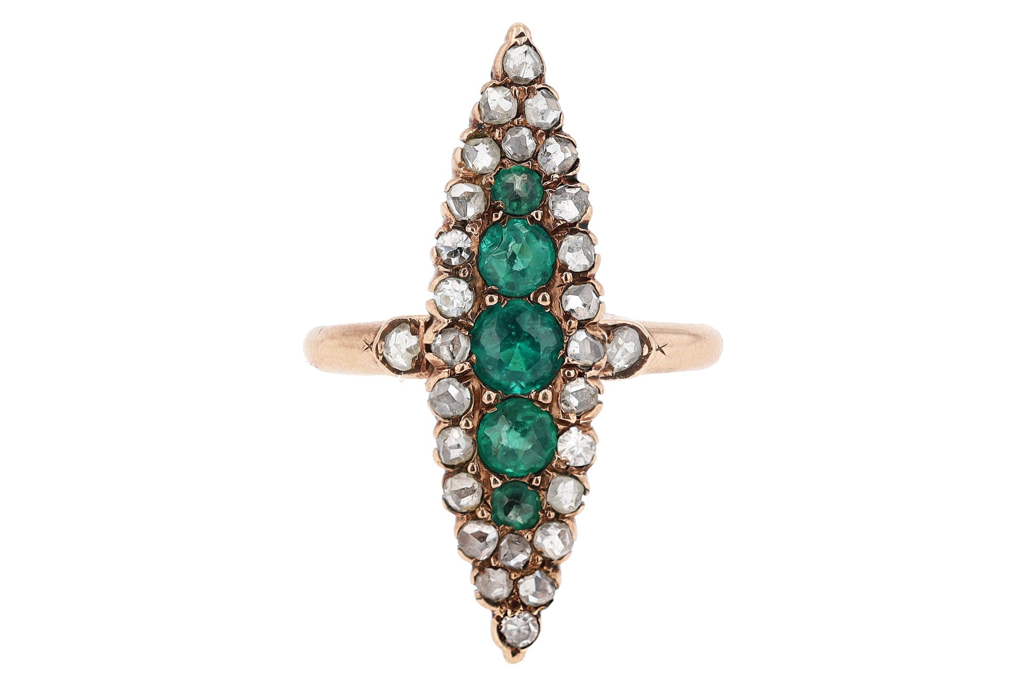 Elongated Vintage Victorian Synthetic Emerald and Diamond Navette Ring