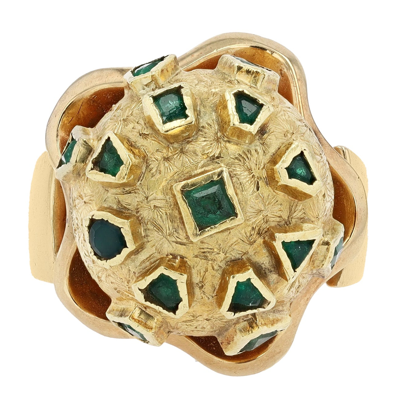 Emerald Disco Ball 1960s Mid Century Modern Yellow Gold Cocktail Ring