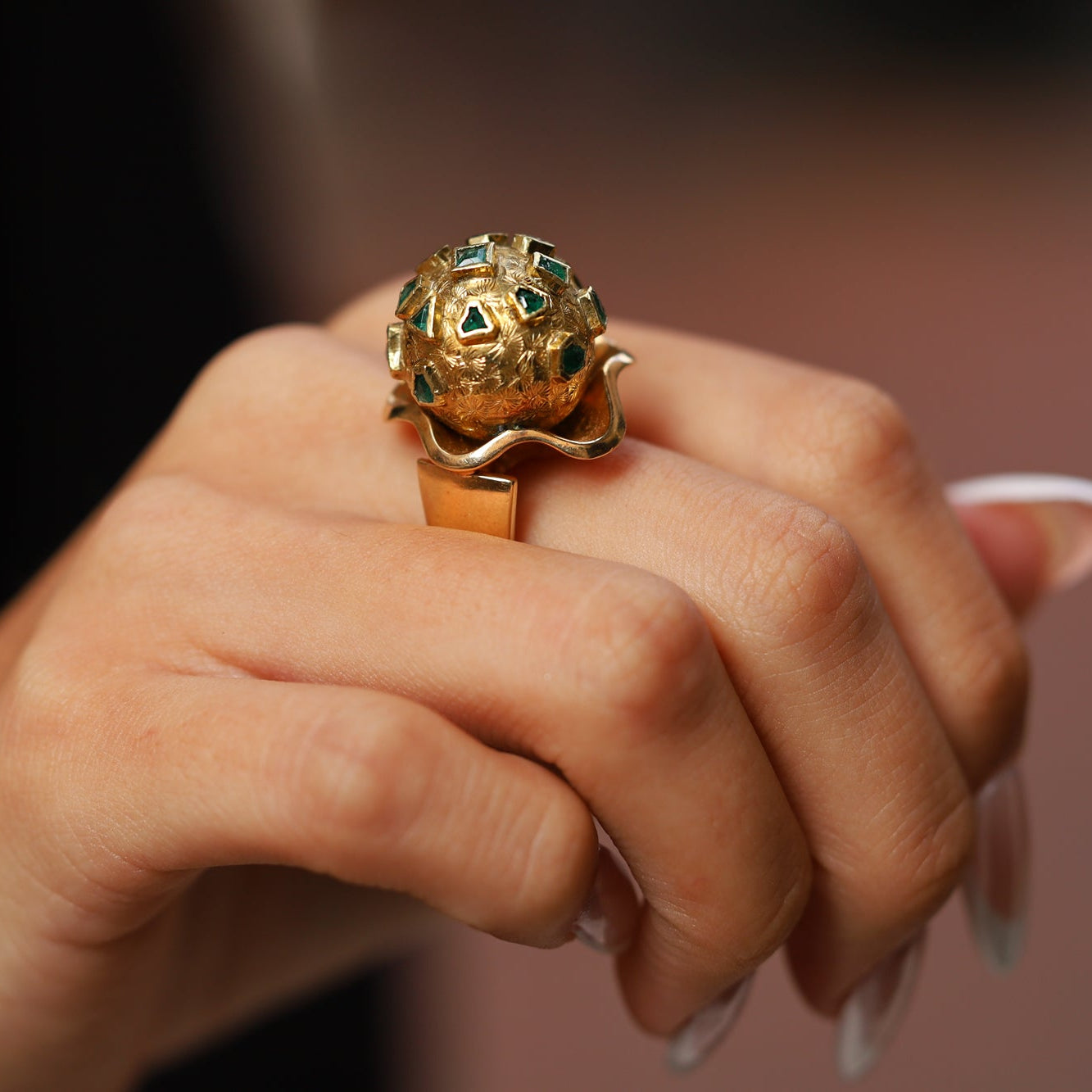 Emerald Disco Ball 1960s Mid Century Modern Yellow Gold Cocktail Ring