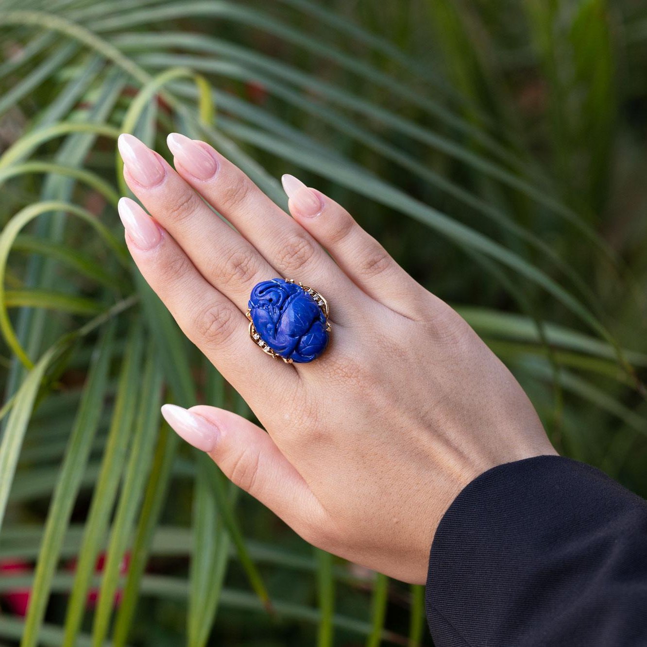 Mid Century Carved Lapis Lazuli & Diamond 14k Gold Dragon Cocktail Ring