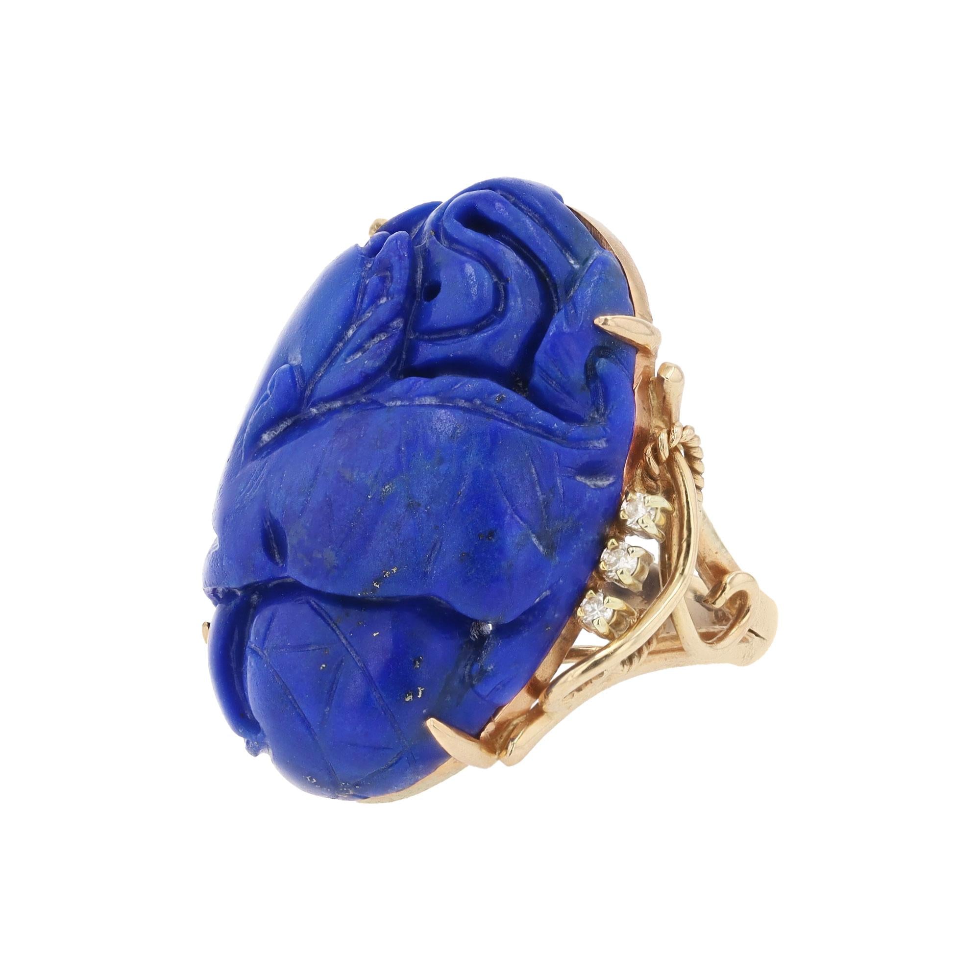 Mid Century Carved Lapis Lazuli & Diamond 14k Gold Dragon Cocktail Ring