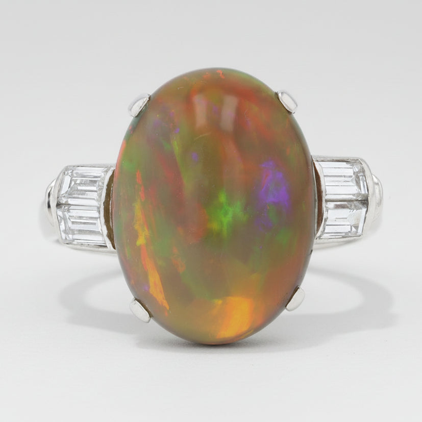 Signed Art Deco High Domed 5 Carat Opal And Diamond Ring