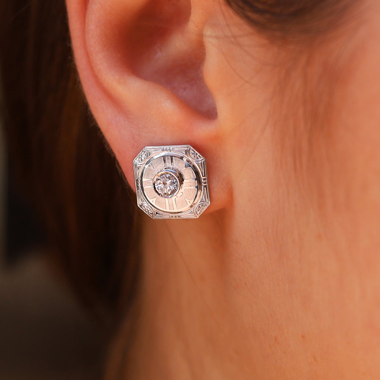 Estate Art Deco Engraved Diamond 14k White Gold Stud Earrings