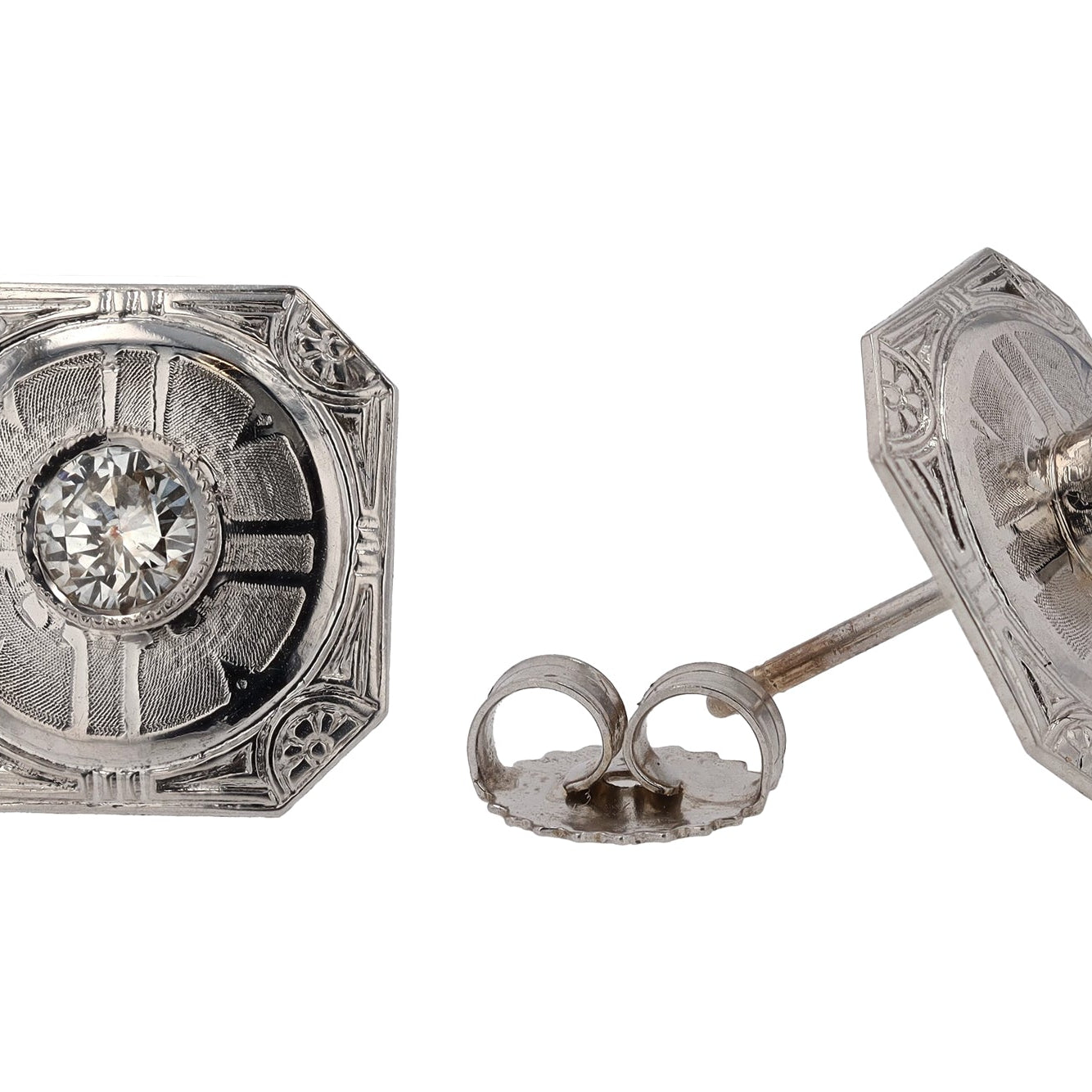 Estate Art Deco Engraved Diamond 14k White Gold Stud Earrings