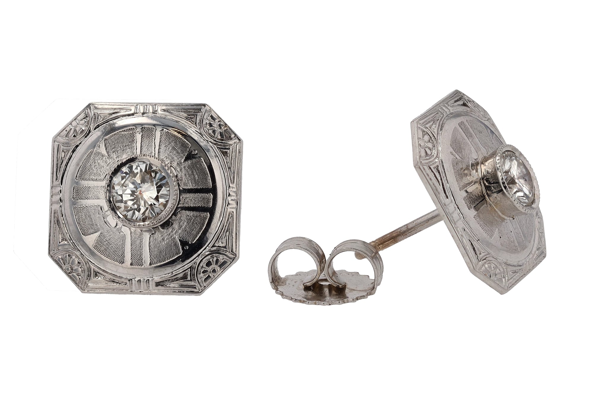 Estate Art Deco Engraved Diamond 14k White Gold Stud Earrings