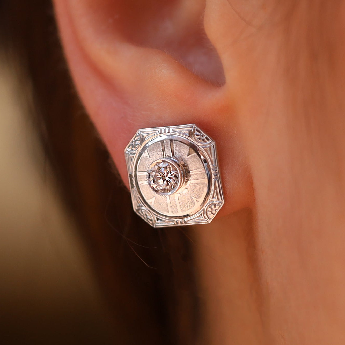 Estate Art Deco Engraved Diamond 14k White Gold Stud Earrings