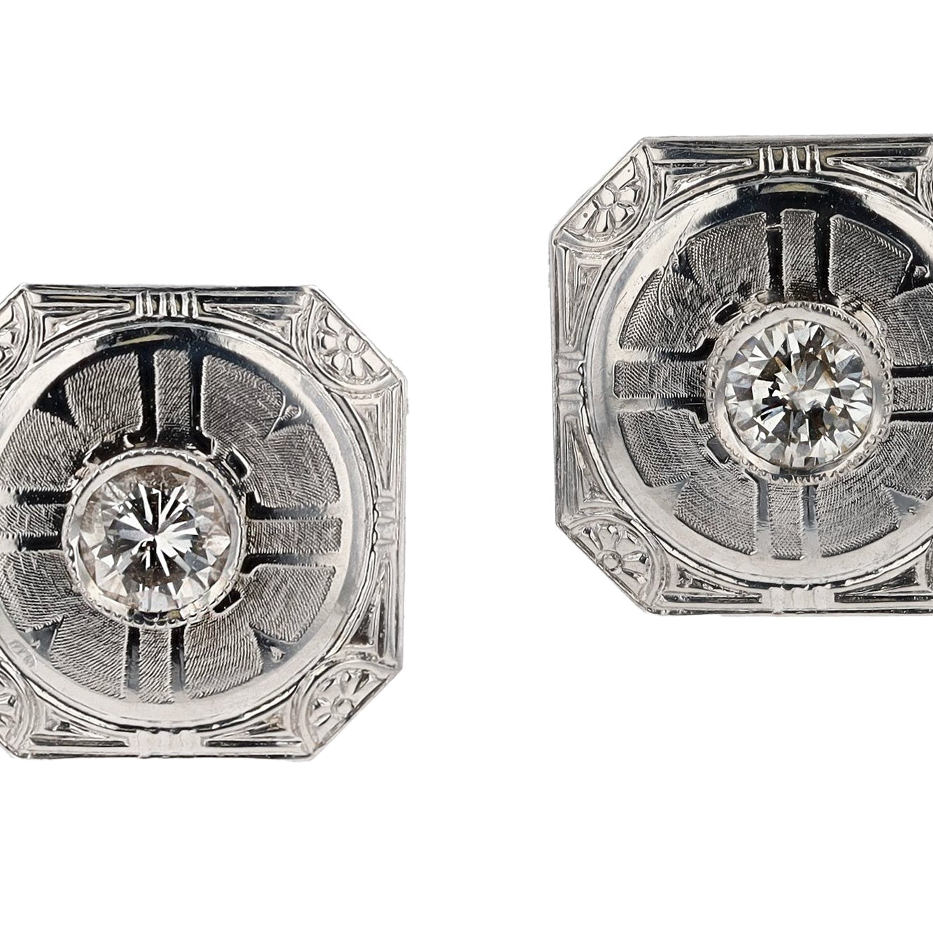 Estate Art Deco Engraved Diamond 14k White Gold Stud Earrings