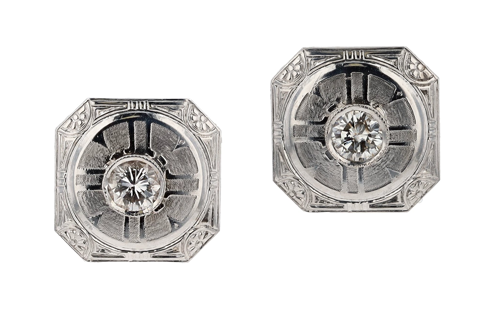 Estate Art Deco Engraved Diamond 14k White Gold Stud Earrings