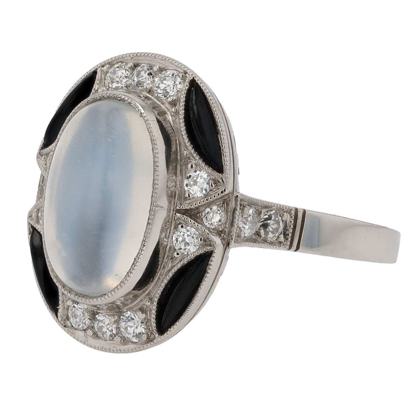 Estate Art Deco Style Moonstone Onyx Diamond Cocktail Ring