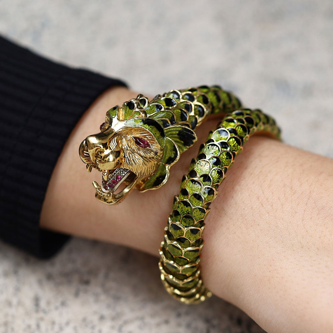 Estate Enamel Dragon Serpent Lion Wrap Bracelet