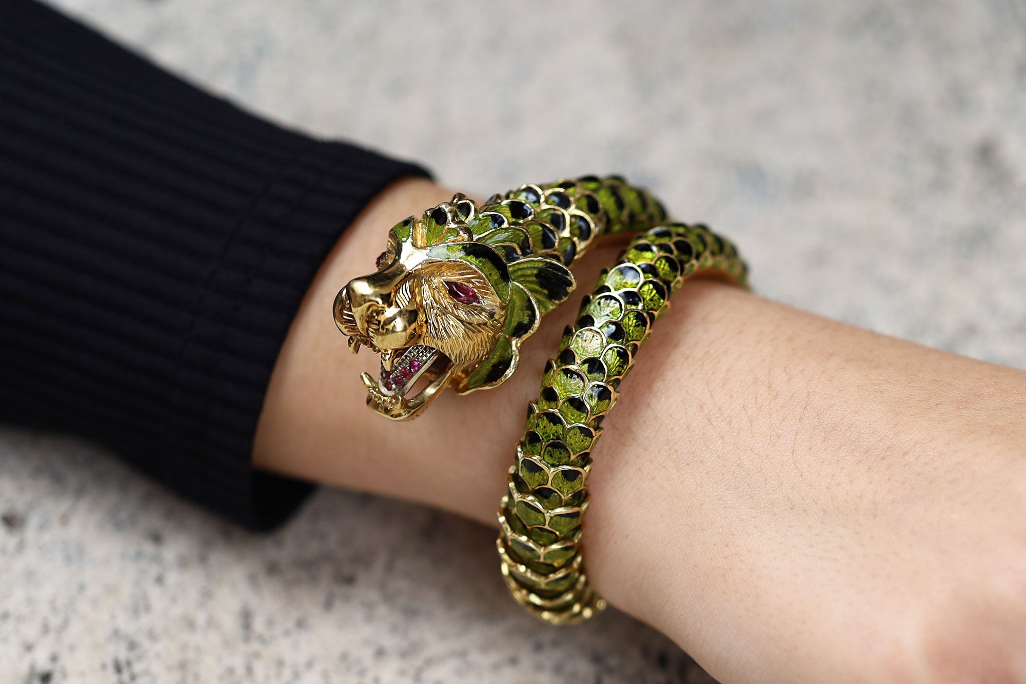 Estate Enamel Dragon Serpent Lion Wrap Bracelet