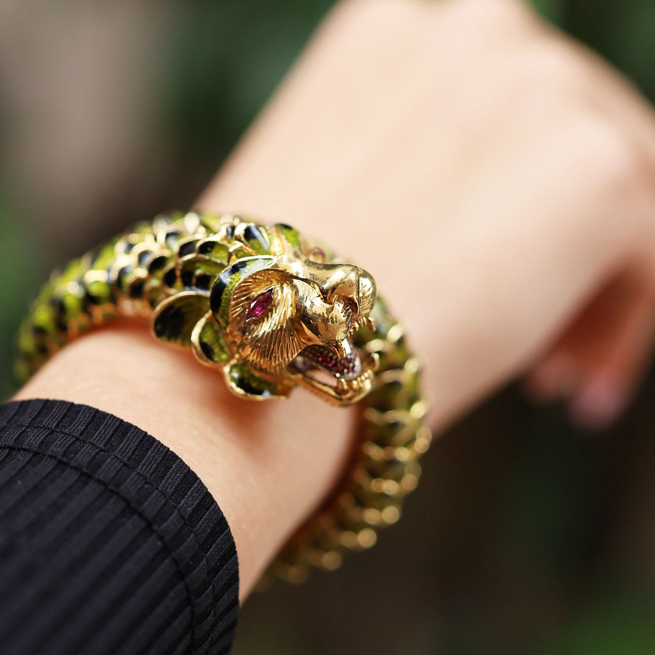 Estate Enamel Dragon Serpent Lion Wrap Bracelet