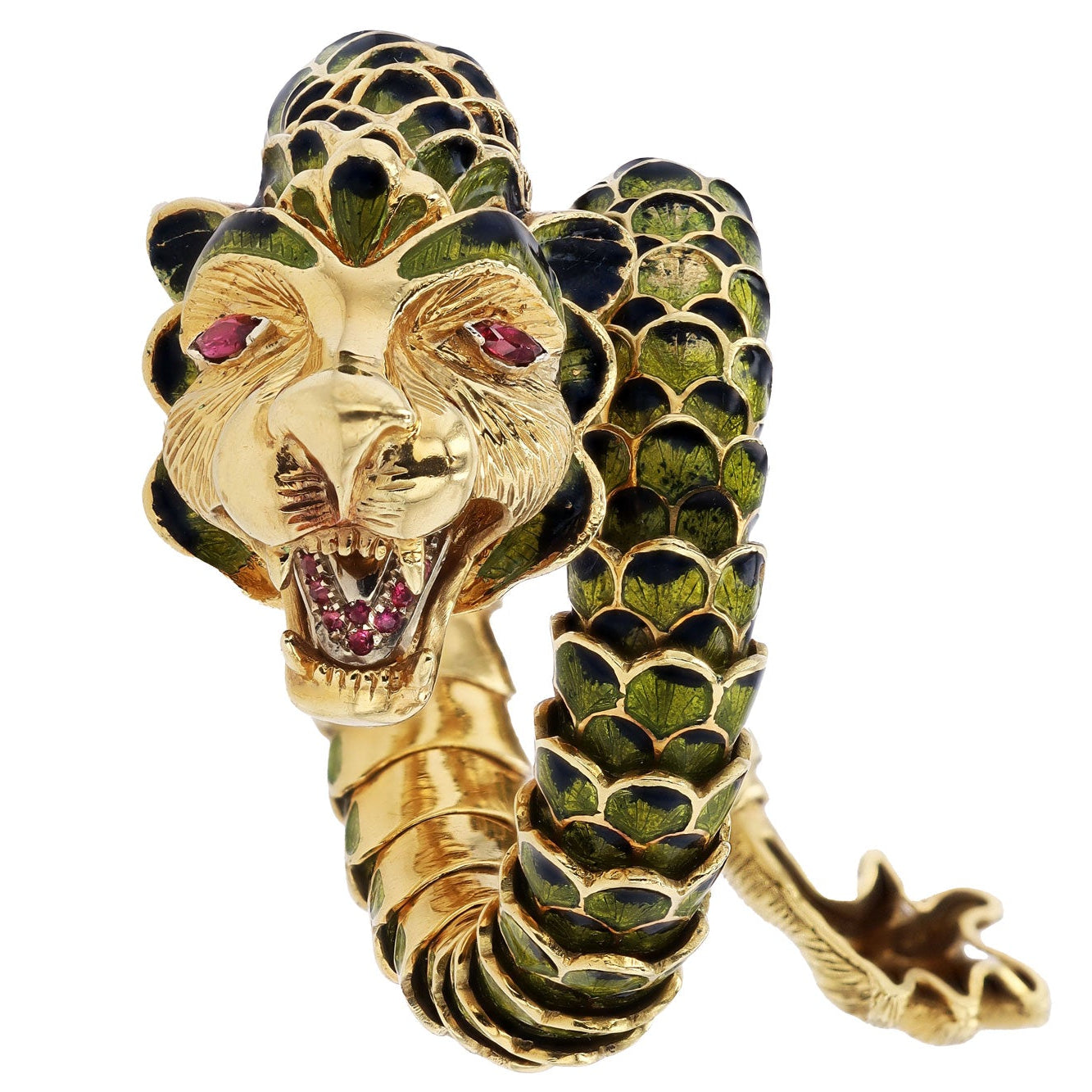 Estate Enamel Dragon Serpent Lion Wrap Bracelet