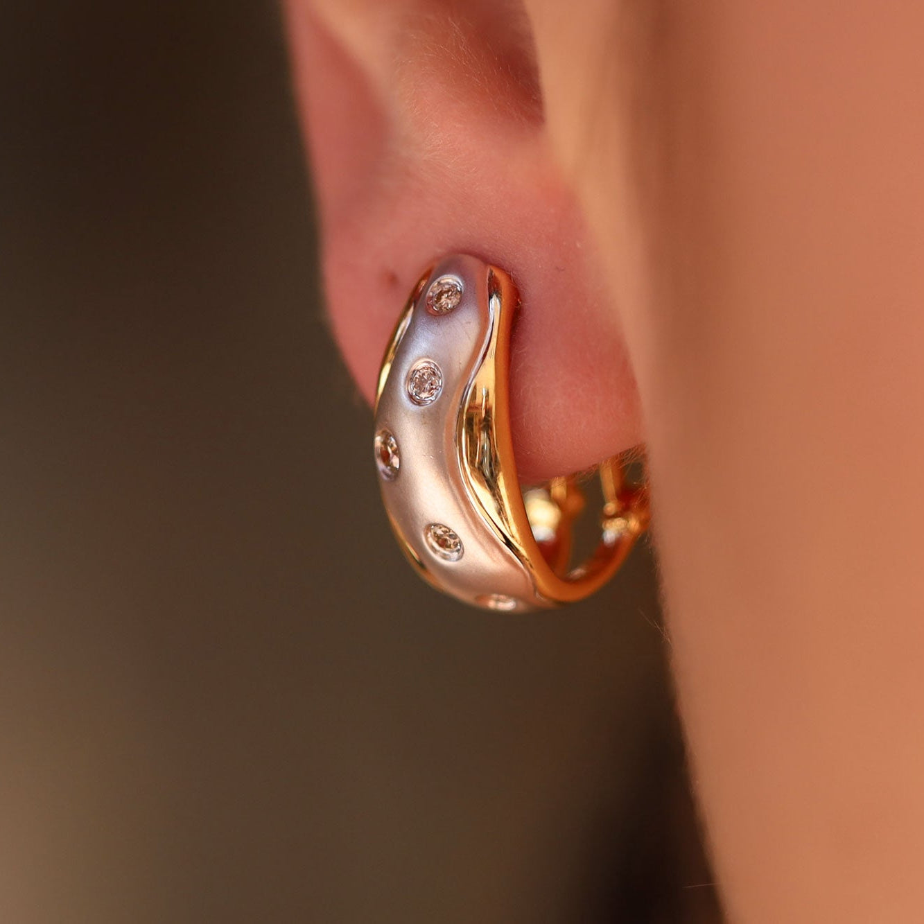 Estate Flush Set Diamond 2-Tone Huggie Earrings