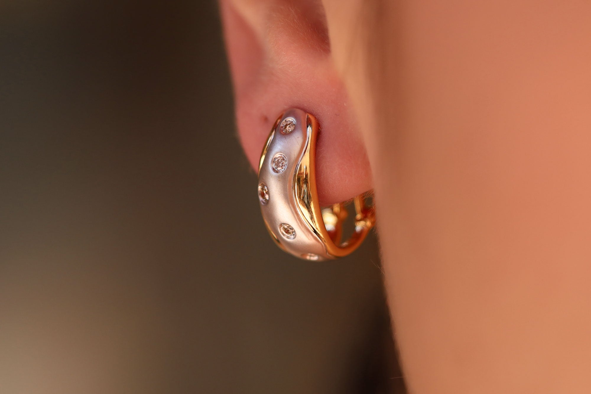 Estate Flush Set Diamond 2-Tone Huggie Earrings