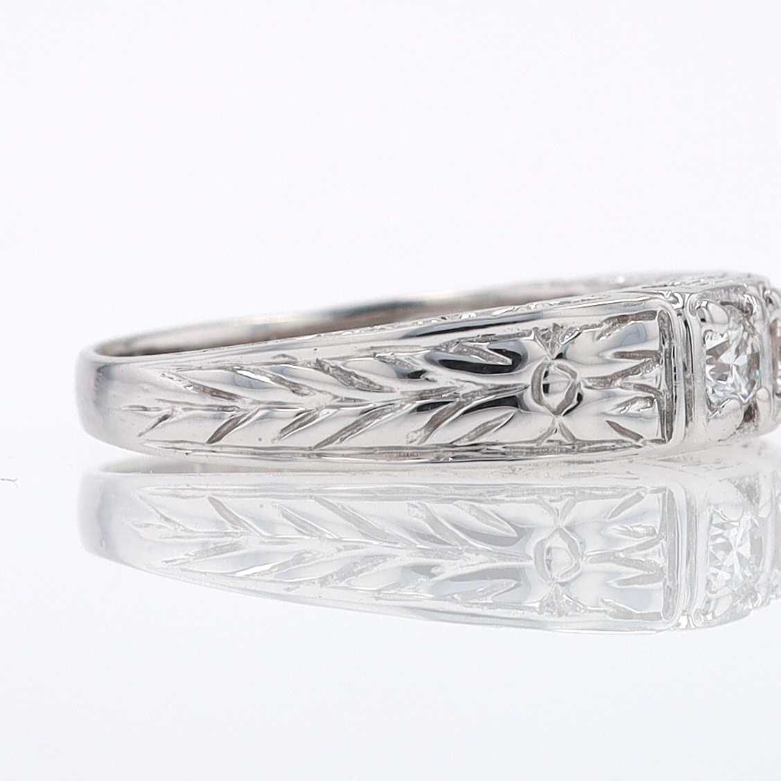 Estate Hand Engraved Diamond Wedding Band 3 Stone Engagement Ring