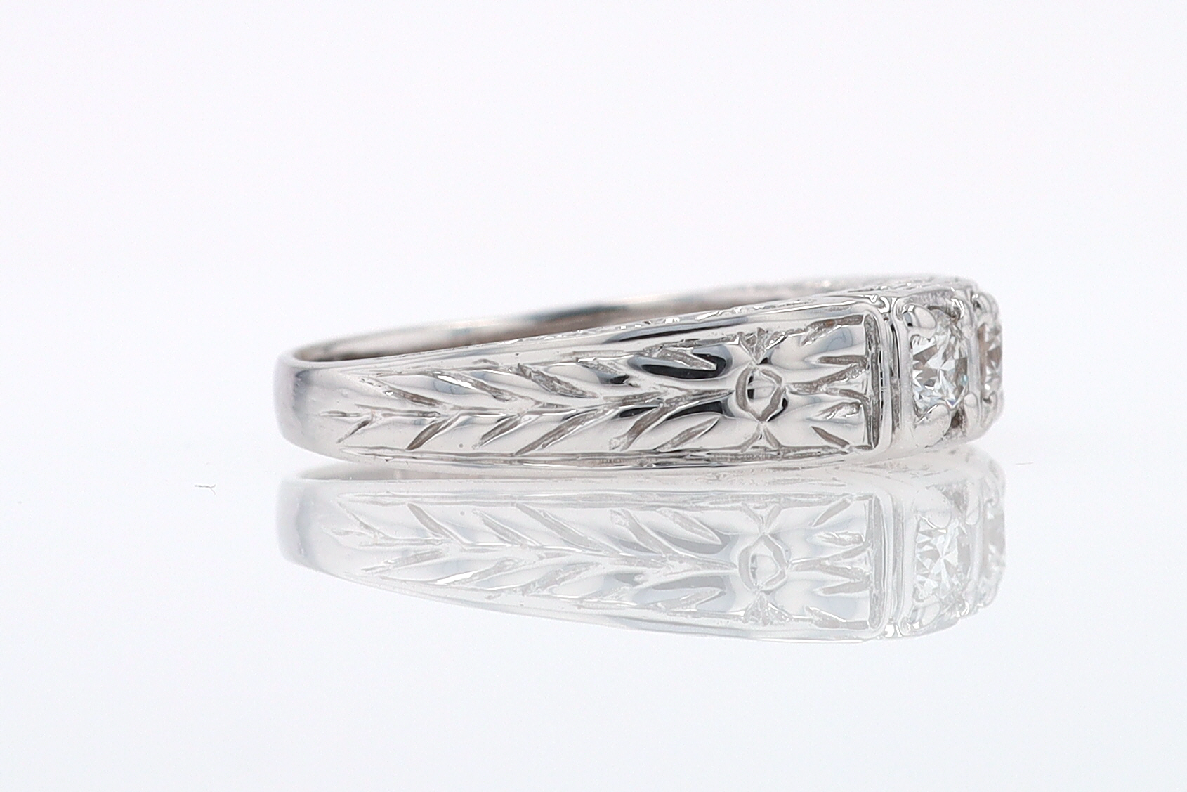 Estate Hand Engraved Diamond Wedding Band 3 Stone Engagement Ring