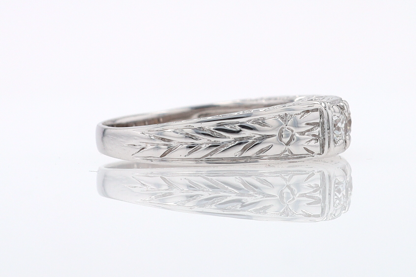 Estate Hand Engraved Diamond Wedding Band 3 Stone Engagement Ring