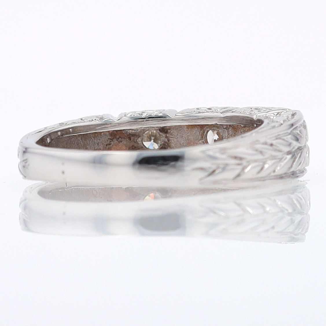 Estate Hand Engraved Diamond Wedding Band 3 Stone Engagement Ring