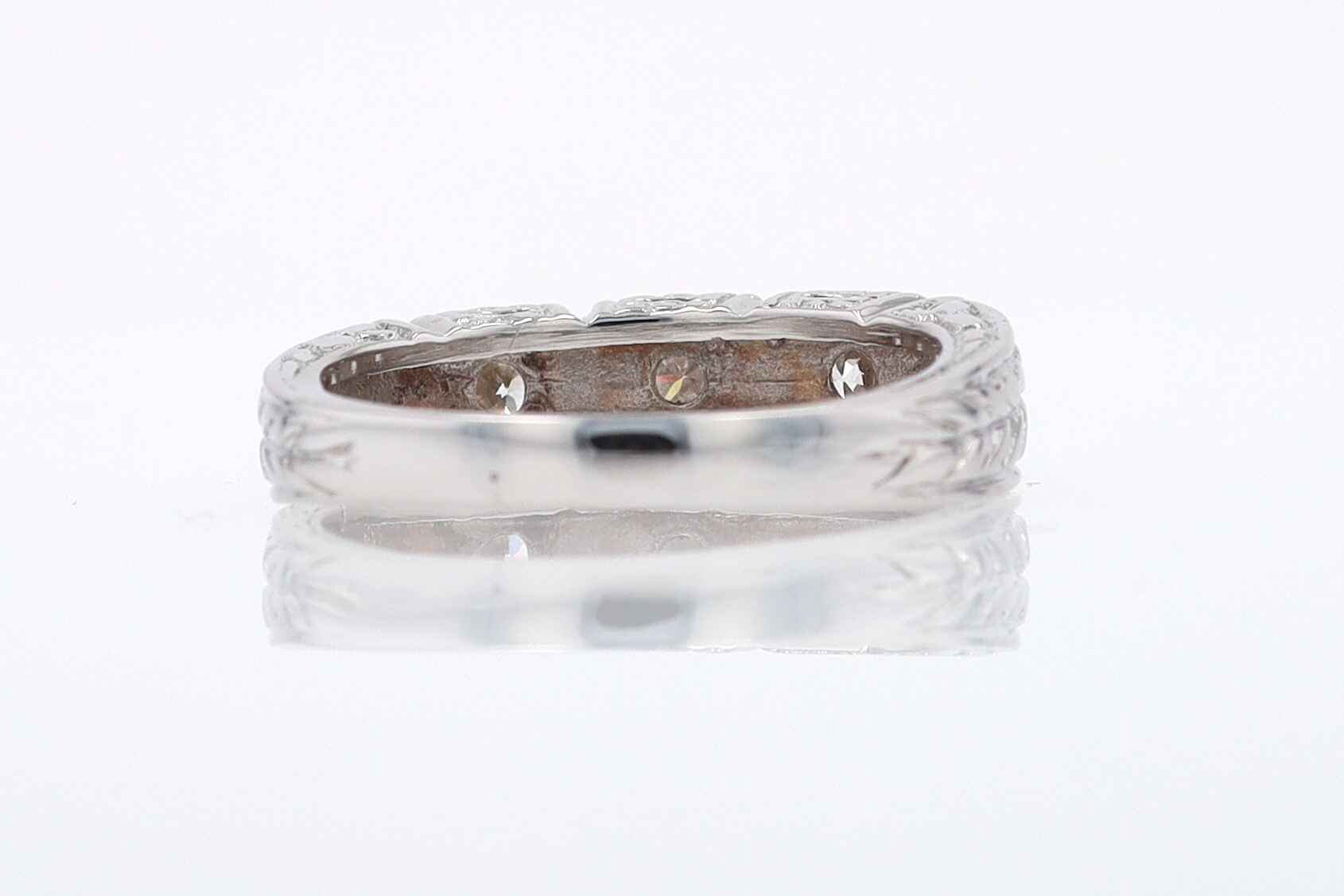 Estate Hand Engraved Diamond Wedding Band 3 Stone Engagement Ring