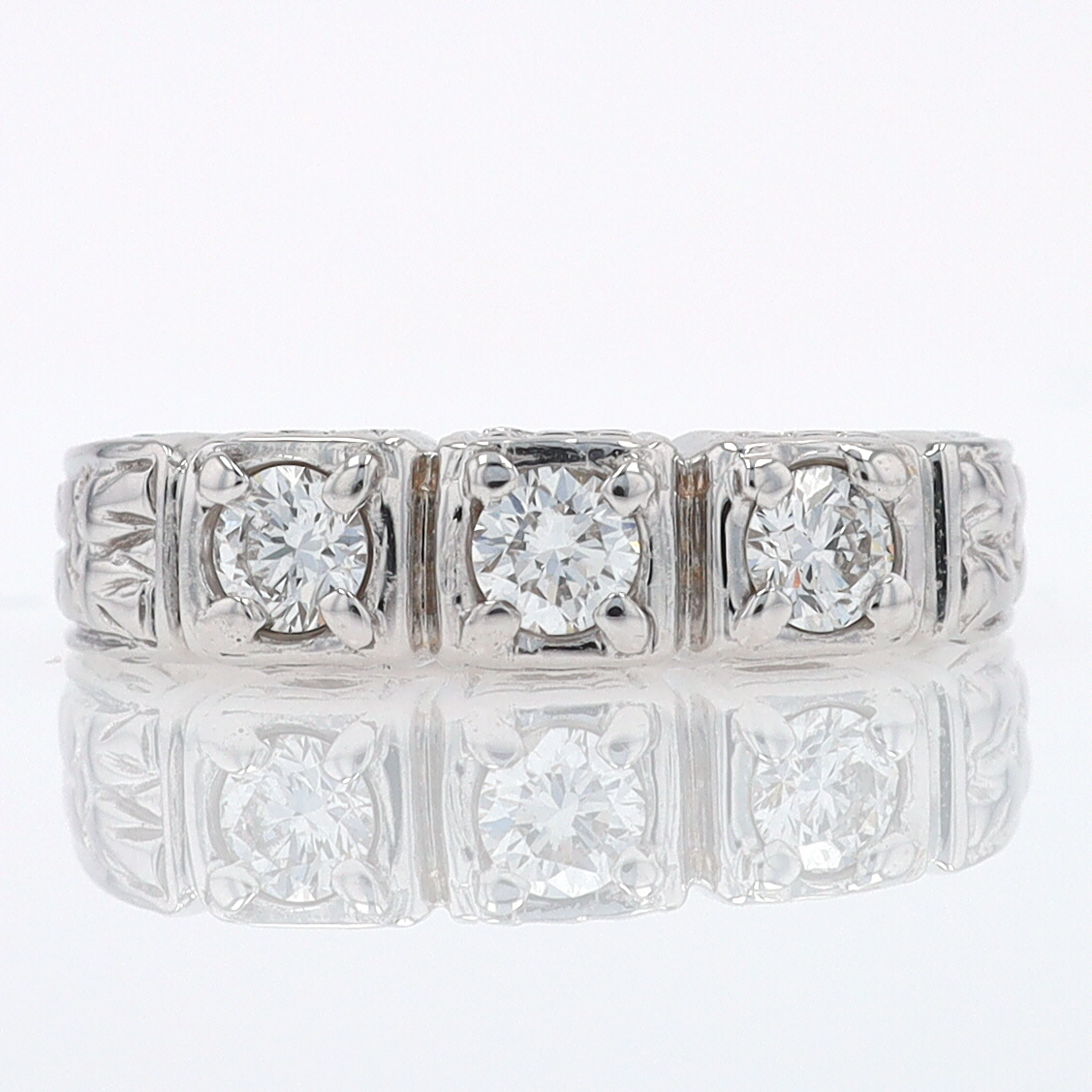 Estate Hand Engraved Diamond Wedding Band 3 Stone Engagement Ring