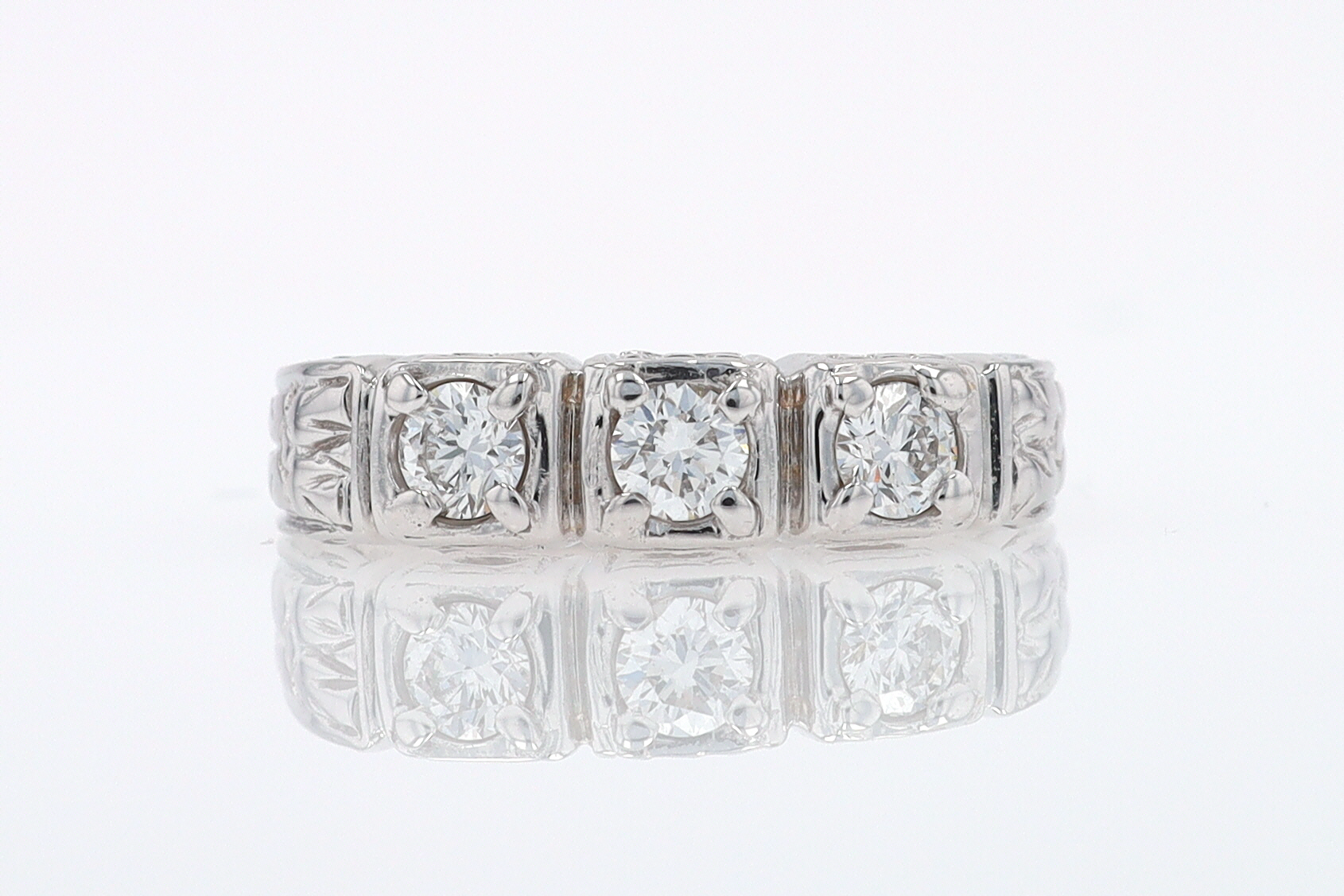 Estate Hand Engraved Diamond Wedding Band 3 Stone Engagement Ring