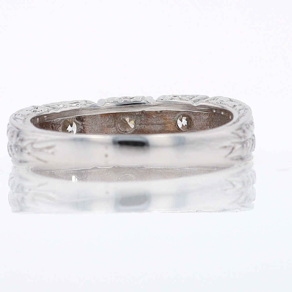 Estate Hand Engraved Diamond Wedding Band 3 Stone Engagement Ring