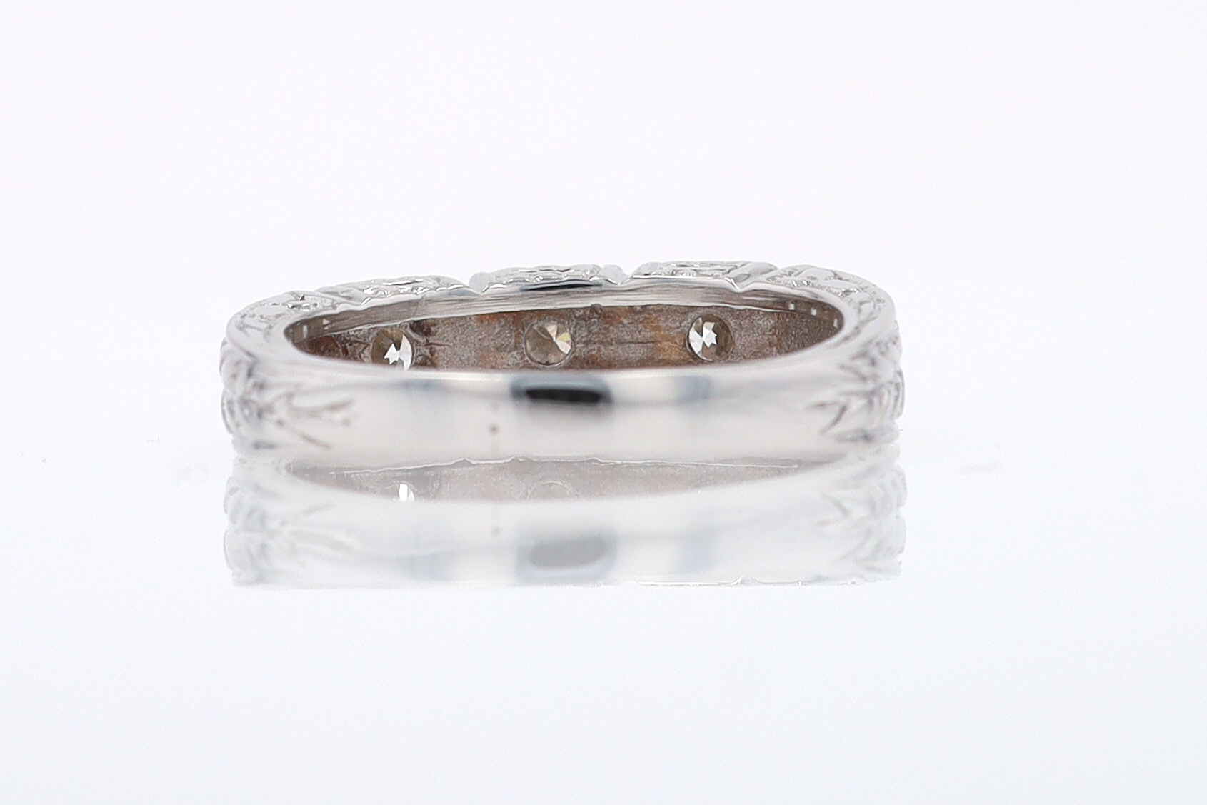 Estate Hand Engraved Diamond Wedding Band 3 Stone Engagement Ring