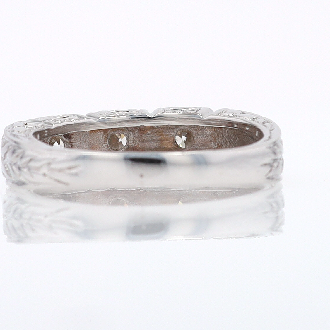 Estate Hand Engraved Diamond Wedding Band 3 Stone Engagement Ring