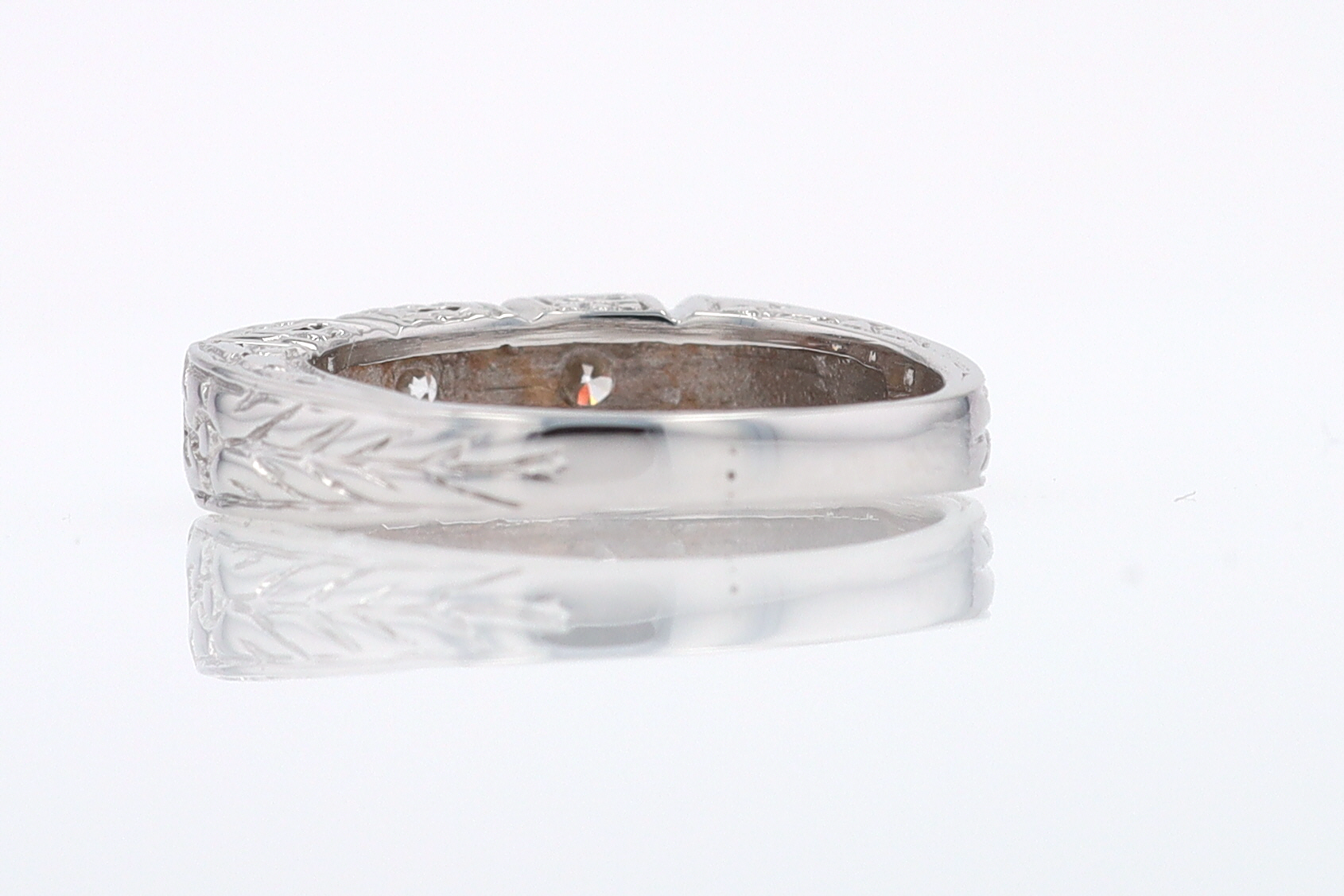 Estate Hand Engraved Diamond Wedding Band 3 Stone Engagement Ring